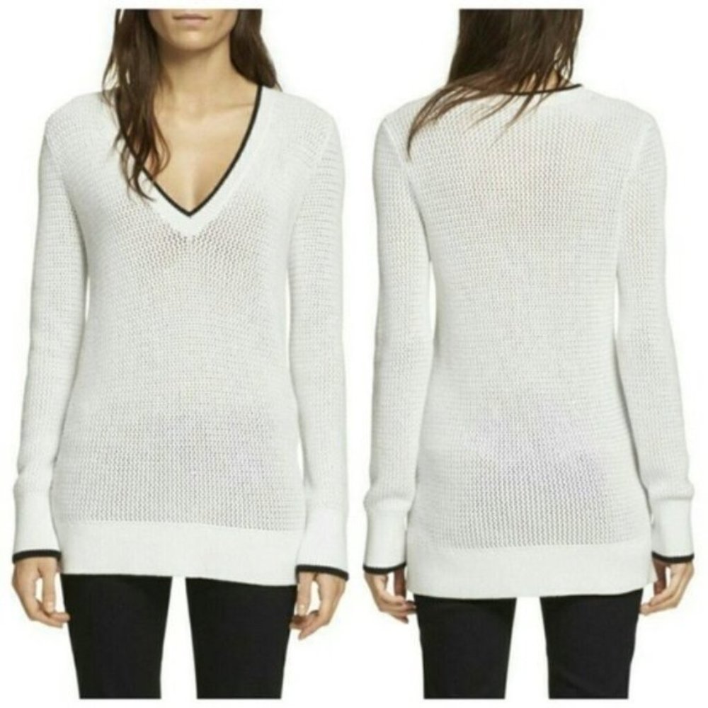 Rag & Bone Elizabeth Open Knit V-Neck Sweater White/Black Xs